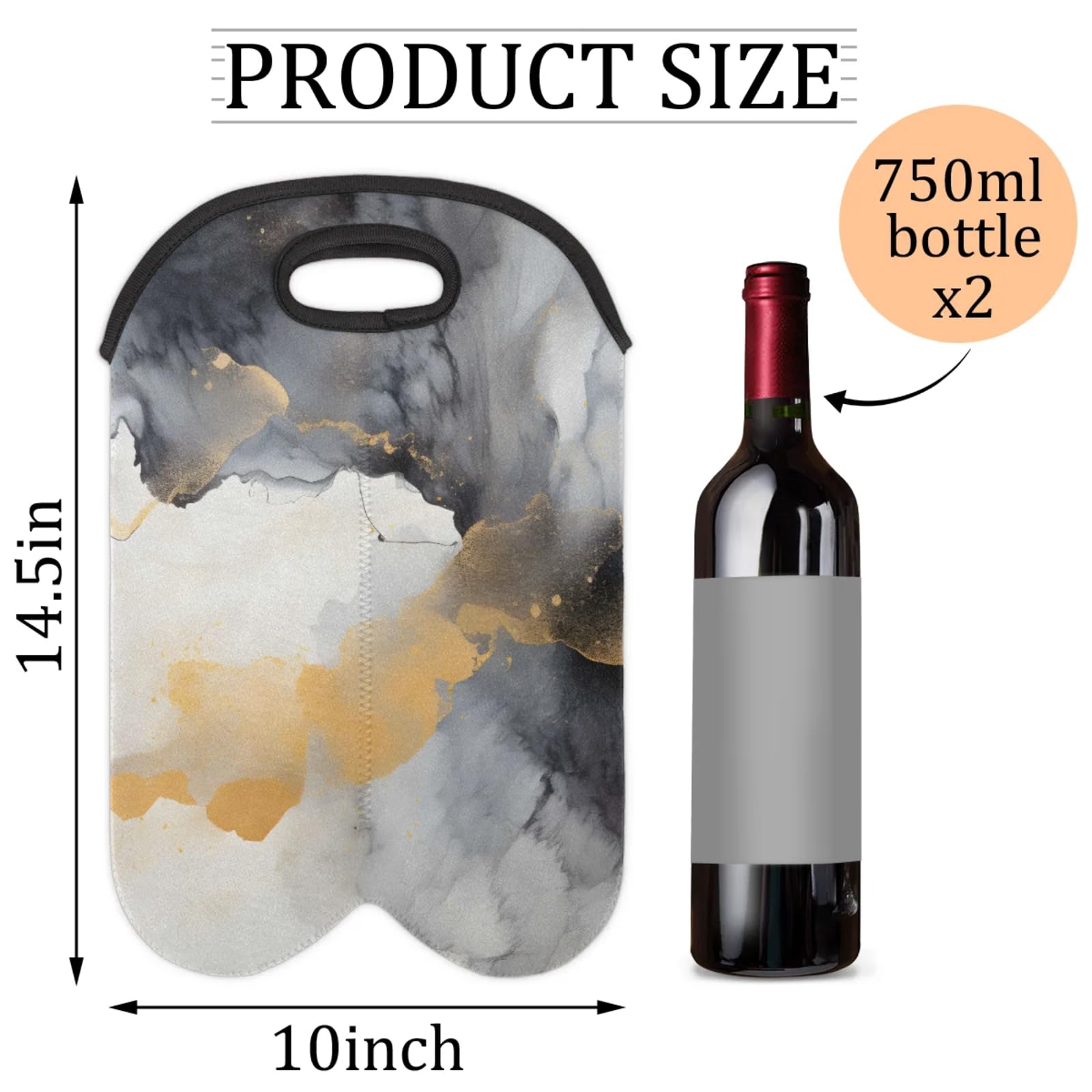 GzLeyigou 2 Bottles Grey Marble Texture Wine Bag Sleeve Totes Neoprene Protective Wine Carrier Bag for Wine,Water, Champagne, Beer, Baby Bottles,Gift 14.5 x 10 Inches
