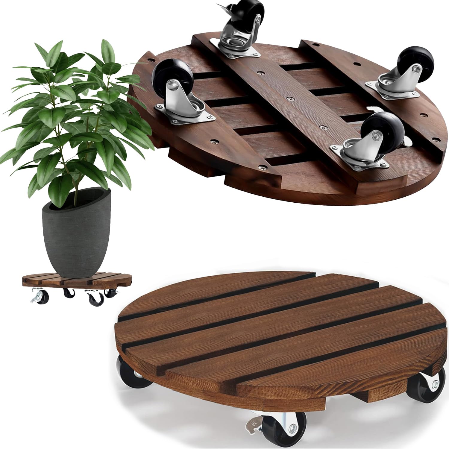 Paquete de 2 soportes de madera para plantas de 12 pulgadas para exteriores con ruedas de 30 cm, soportes de freno para macetas de jardín, soportes de decoración de plantas para interiores y