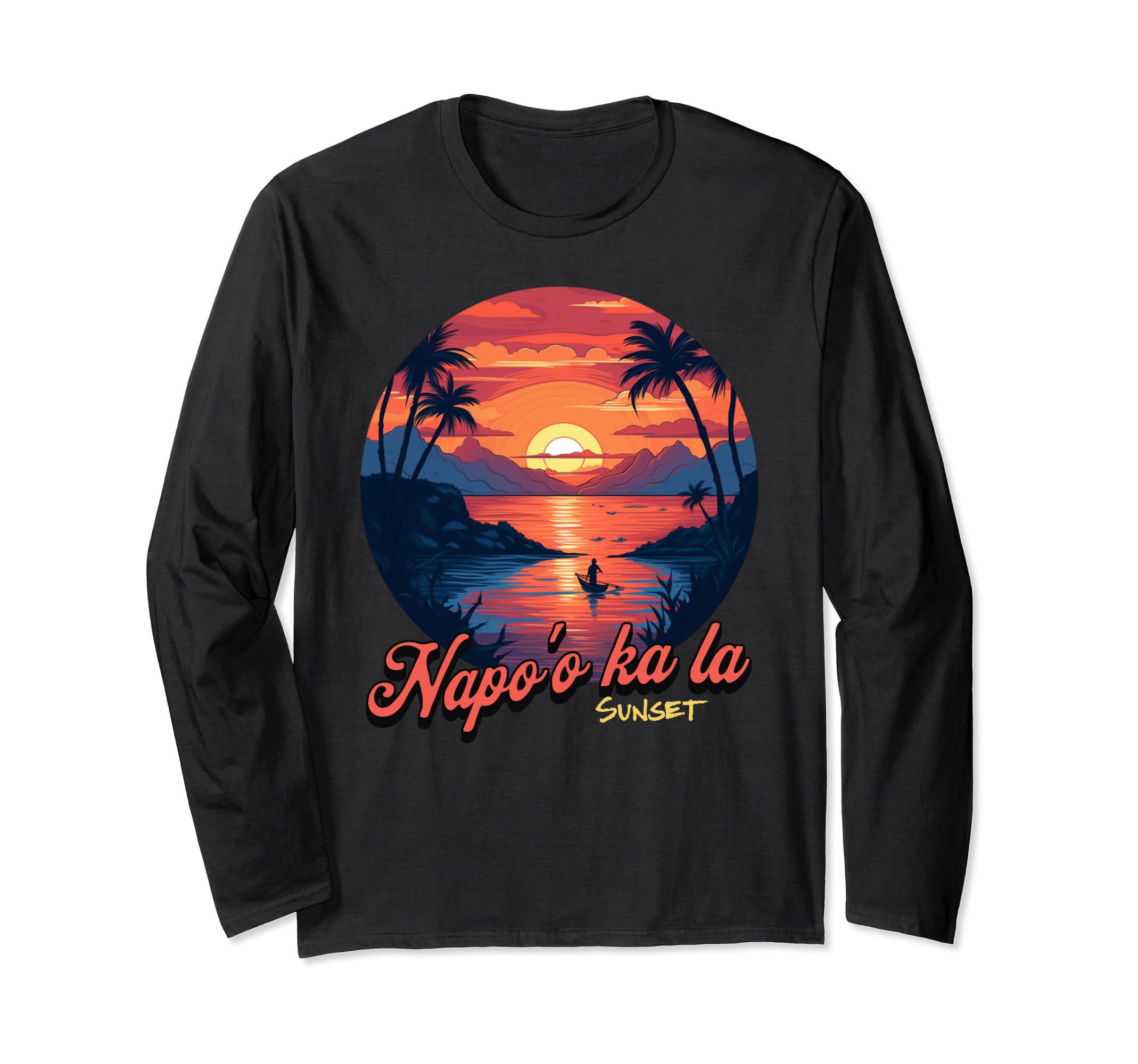 Hawaii Sunset Napo'o Ka La Palm Trees Retro Beach Boat Vibes Long Sleeve T-Shirt