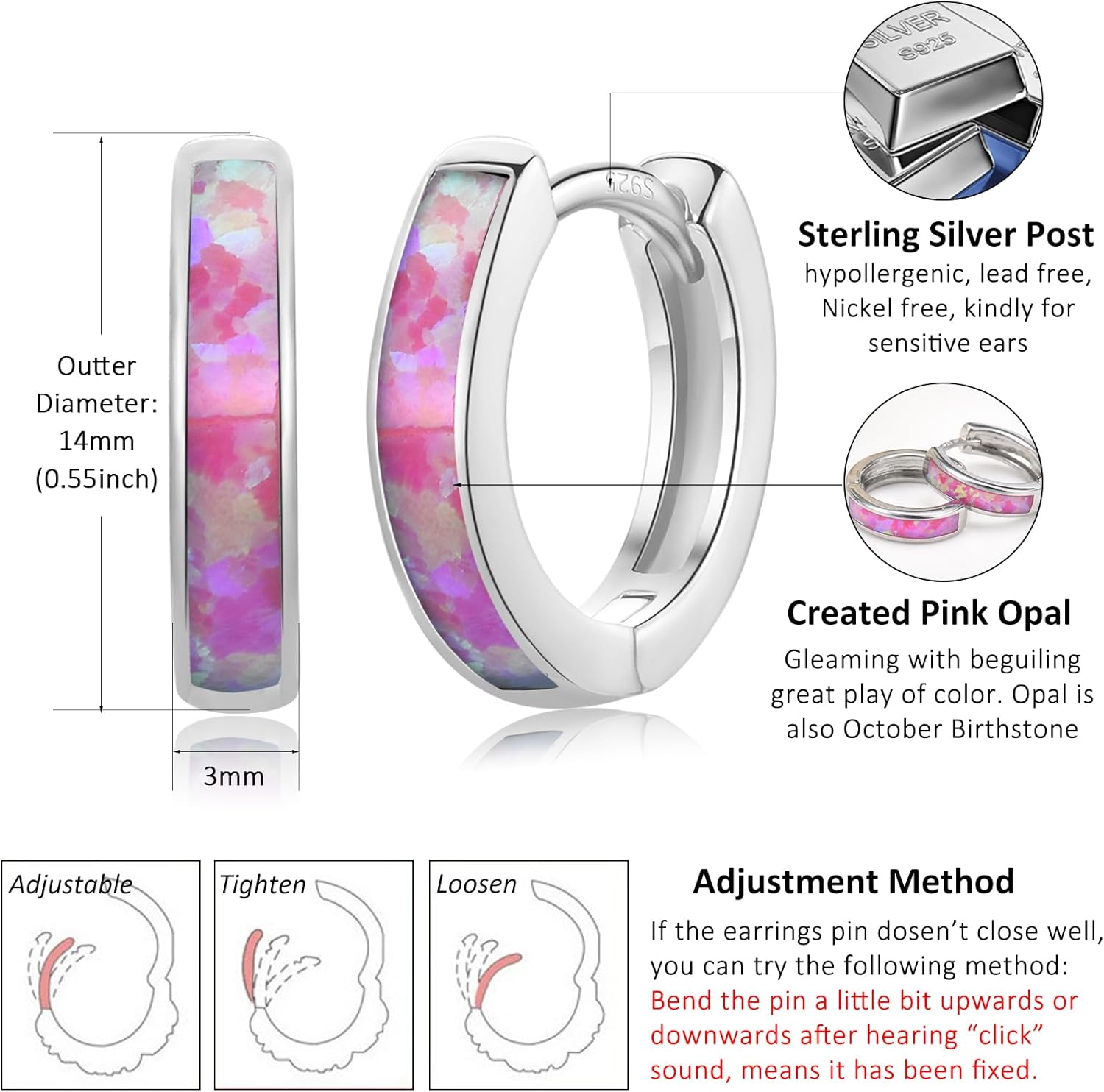 CERSLIMO Opal Hoop Earrings for Women | Small S925 Sterling Silver Post Lab-created Fire Opal Huggie Earrings Hypoallergenic Jewelry Gifts - Image 6
