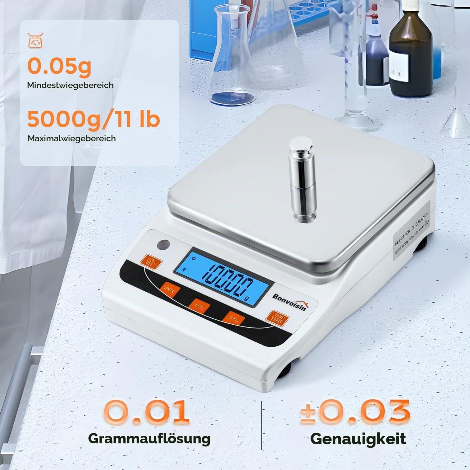 Bonvoisin Analysenwaage 5000g x 0,01g, Hochpräzise Laborwaage mit 13 Einheiten, USB-Datentransfer, Zähl-& Kalibrierfunktion, Vergrößerte Edelstahl-Platte, für Labor, Juweliere, Industrie