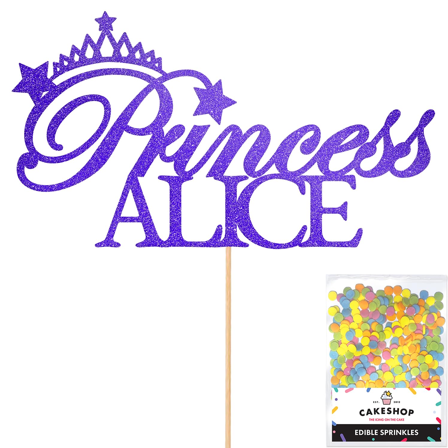 Personalised Birthday Princess Glitter Cake Topper- Bright Blue Any Custom Name Glitter Cake Decoration and Sprinkles - Happy Birthday Decorations - Personalised Toppers for Cakes by Cakeshop
