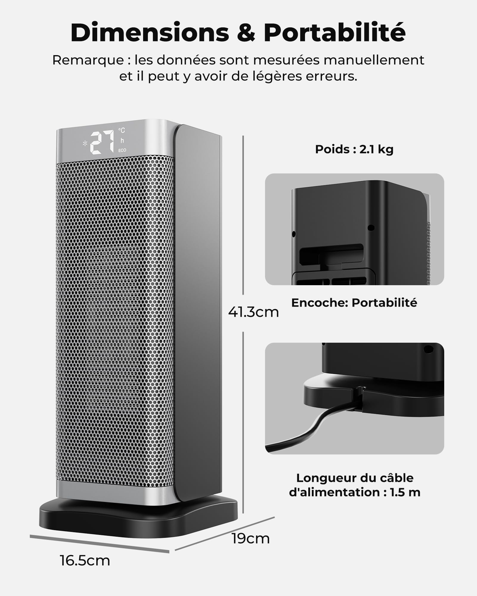 Chauffage d'appoint Économe Argent - 2000W PTC Céramique Silencieux, 3 Niveaux de Puissance, Télécommande, Sécurité Anti-chute et Surchauffe, Chauffage Électrique pour Chambre/Salon/Bureaur