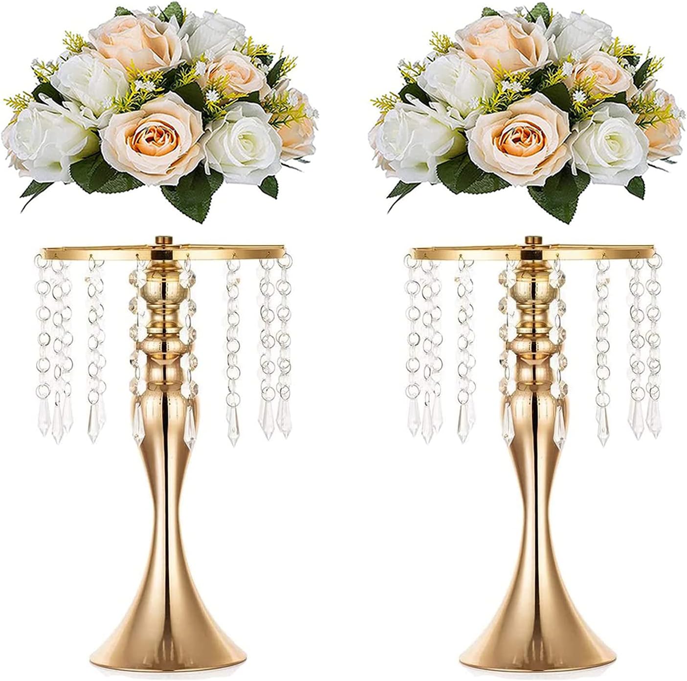Sziqiqi Floral Centerpiece Riser Gold Tall Flower Centerpiece Stand with Crystal Beads for Event Party Wedding Reception Center Piece Floral Arrangements, Pack of 2 Gold 13.7inch