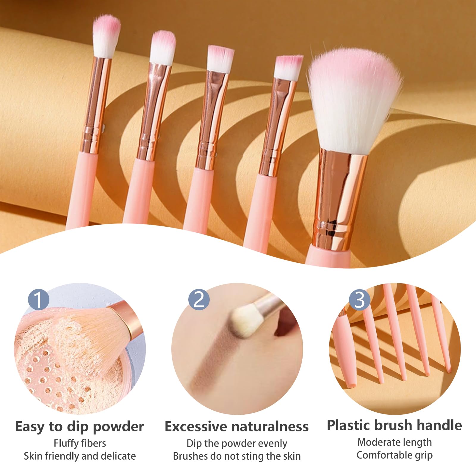 Travel Makeup Brush Set, 5 PCS Mini Brushes with Mirror, Portable (Pink) - Image 3