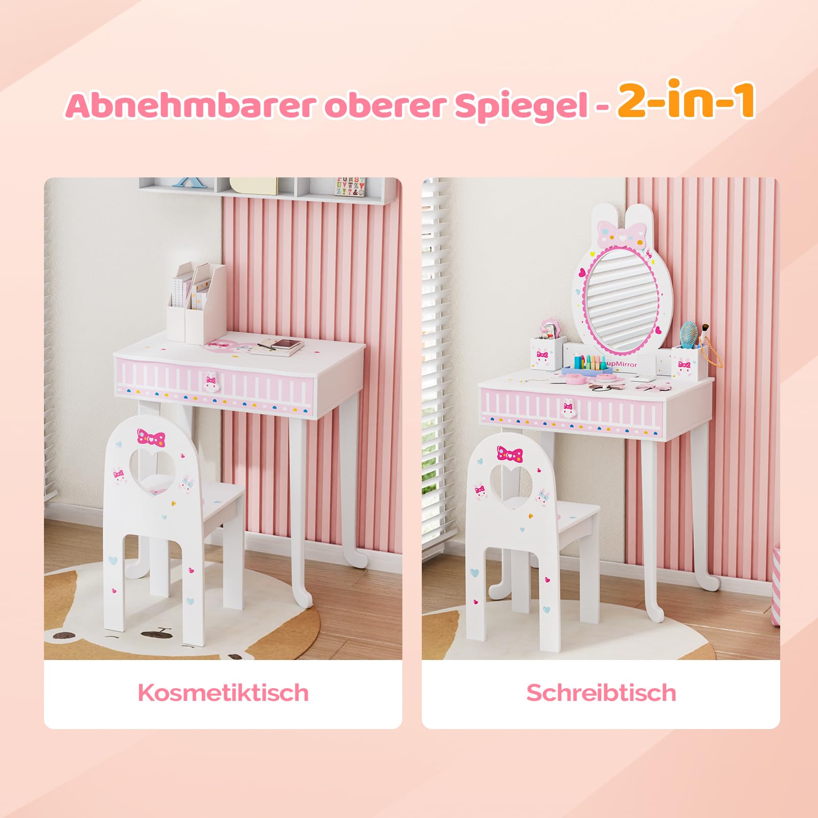 Bonnlo Coiffeuse pour Enfants 106cm, avec Miroir et Tabouret, Coiffeuse Enfant Fille avec Accessoires, Bureau 2 en 1 (Blanc)