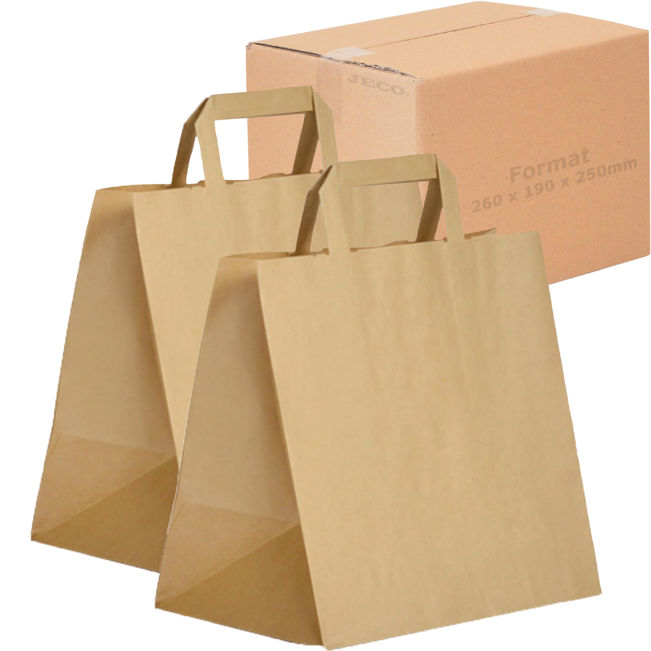 Jeco - Lot de 250 sacs cabas en papier kraft brun avec poignée plate 26 x 19 x 25 cm 12 Litres résistant papier 80g/m² sac marron havane vente à emporter emballage commerce sac cadeau