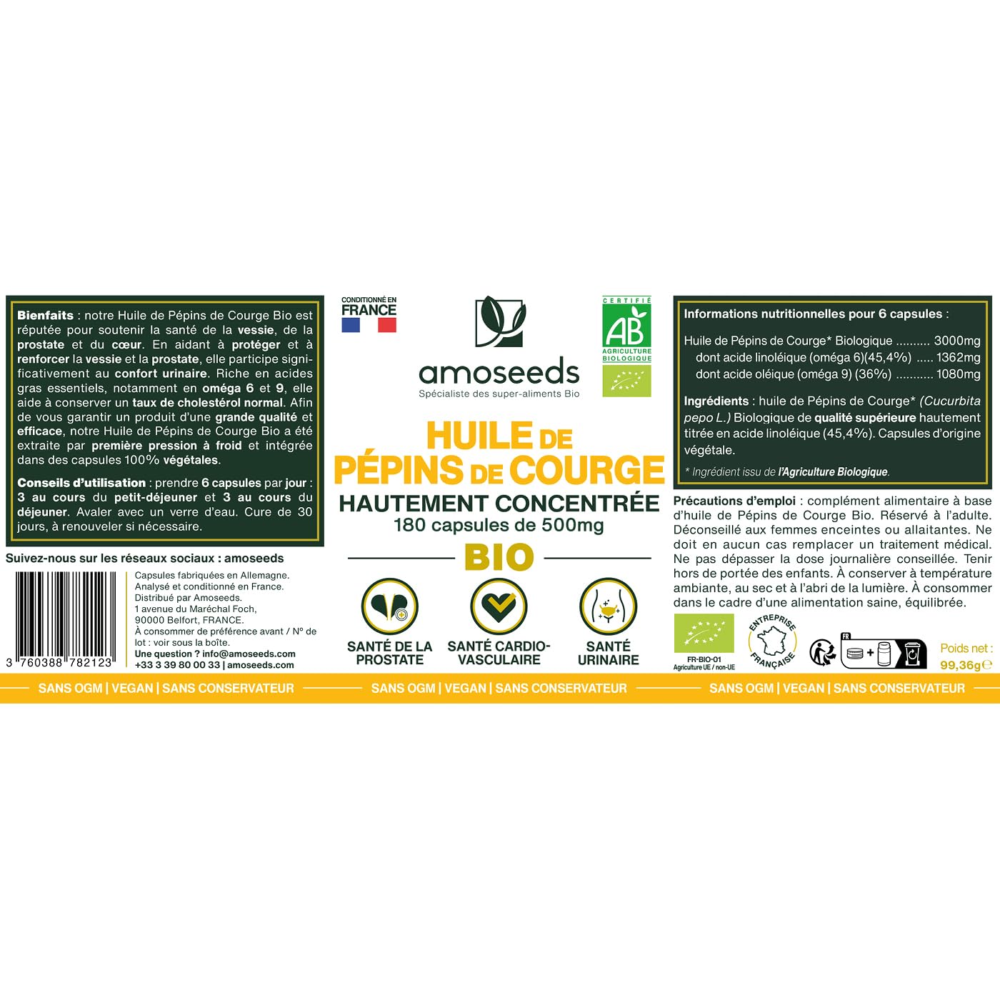 Huile de Pépins de Courge BIO | Prostate, Santé urinaire | Huile pressée à froid | 180 capsules végétales, vegan | Conditionné en France | Qualité Supérieure