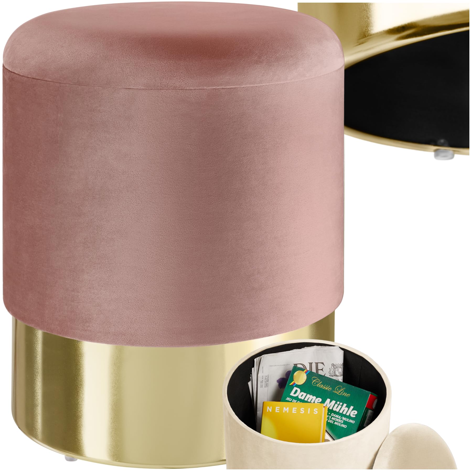 tectake® Sgabello Rotondo in Velluto, Con Scomparto Nascosto, Base in Acciaio Oro, Capacità di Carico 300 kg, Comfort Elevato, Design Elegante per Casa e Ufficio - Rosa