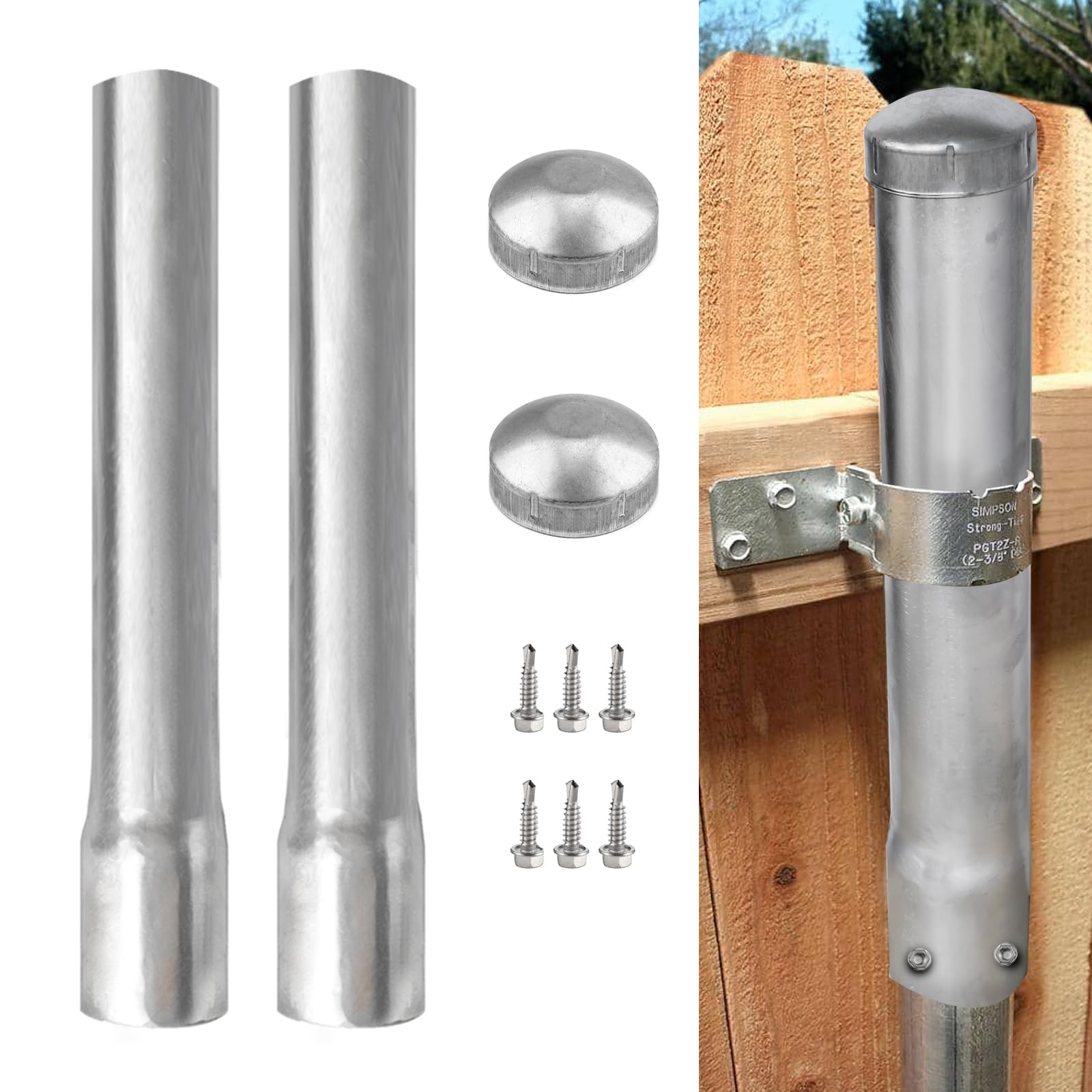 2 pack 2-3/8" od metal post extender, 18" fence post extension height, hot-dip galvanized steel, includes screws and caps