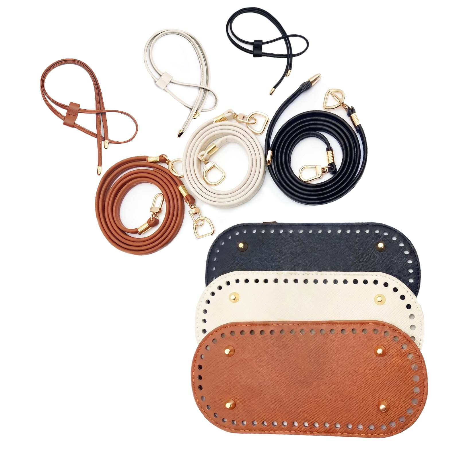 SINJAETRQ 9PCS Crochet Bag Accessories Kit with 52-Hole PU Leather Oval Bag Bases, Adjustable Shoulder Straps & Drawstrings - DIY Purse Bottoms & Handmade Knitting Supplies