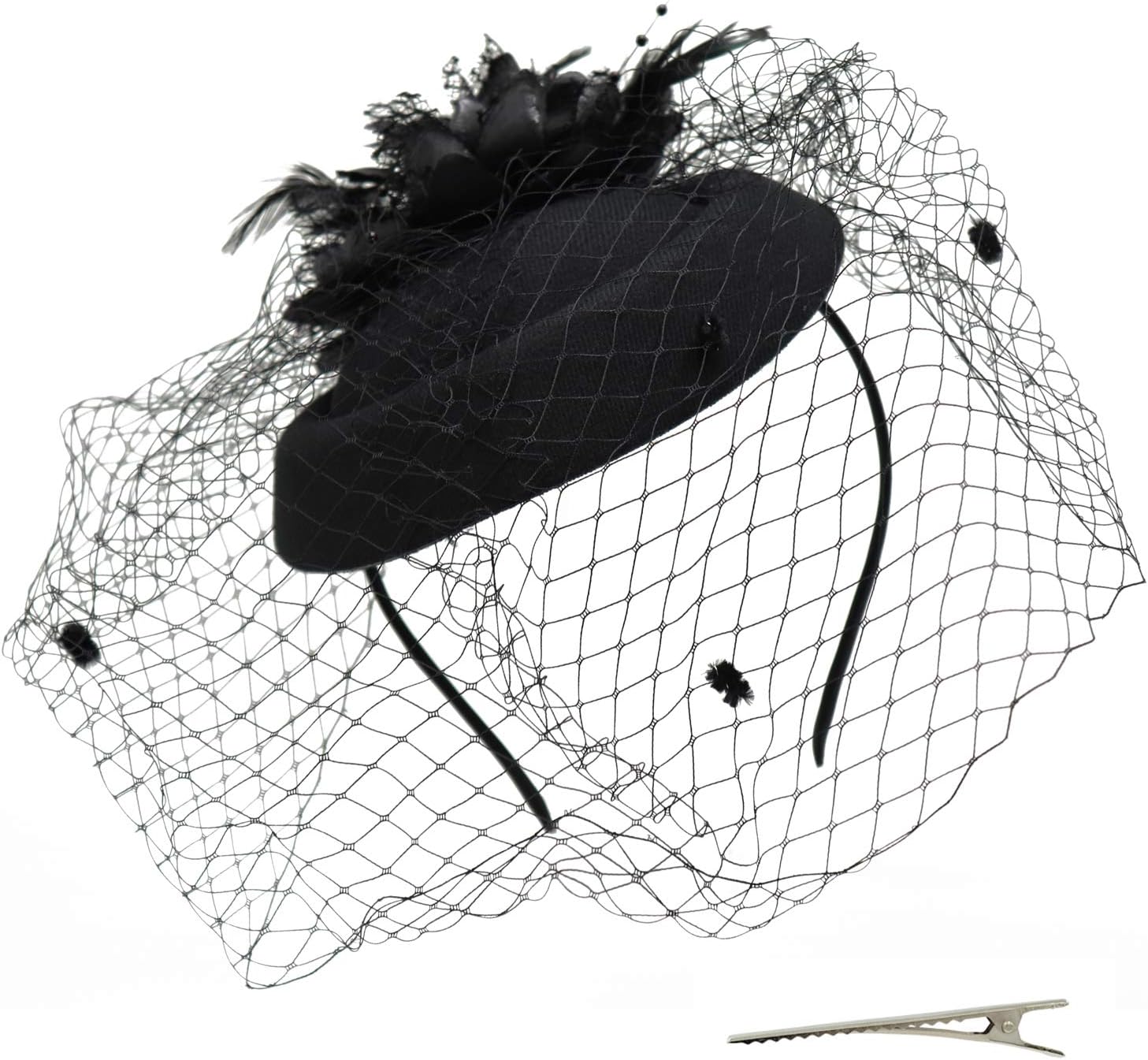 WheeboFascinator Hat Flower Feather Mesh Veil Wedding Tea Party Cocktail Hat Headwear for Women Lady Girls
