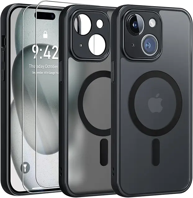 Funda iPhone 15 con MagSafe y Protector Pantalla - Carcasa Antigolpes Negro