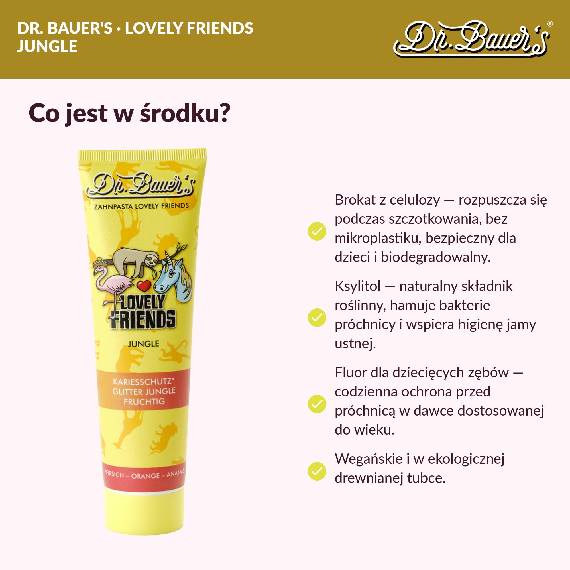 Pasta do zębów dla dzieci Dr Bauer's Lovely Friends Jungle z brokatowymi postaciami - 6x90ml