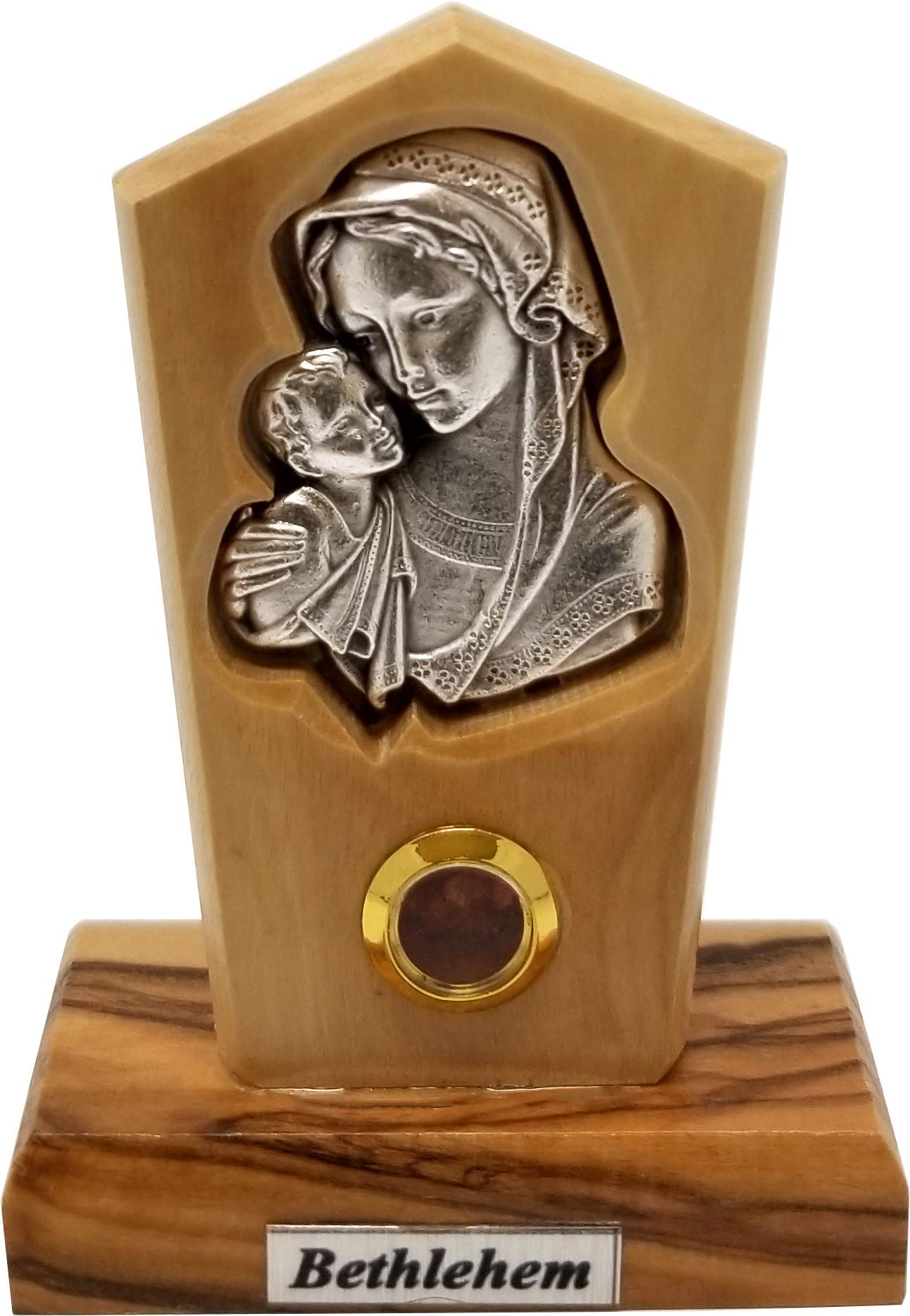 Logos Trading Post Virgin Mother Mary and Savior Jesus, Holy Land Olive Wood Catholic Standing Icon Plaque from Israel with Silver Plated Center Portrait - Small