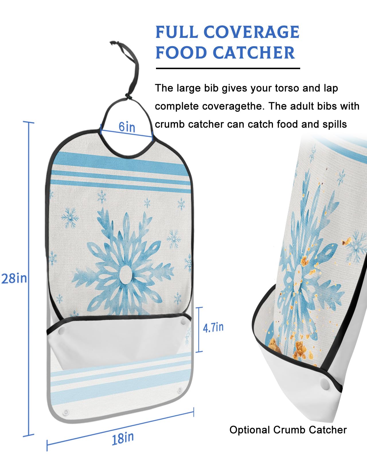 Kewadony Adult Bibs for Elderly Women - Blue Snowflake Waterproof Dining Clothing Protectors with Crumb Catcher for Eating/Feeding, Christmas Winter Xmas Blue Striped Terry Cloth Bib Machine Washable