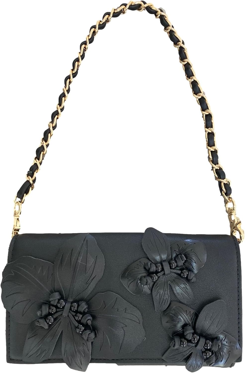 Betsey Johnson Full Bloom 3D Floral Jeweled Black Faux Leather Exterior Back Slip Pocket Fold Over Flap Closure Day To Evening SMALL Handbag Shoulder Bag