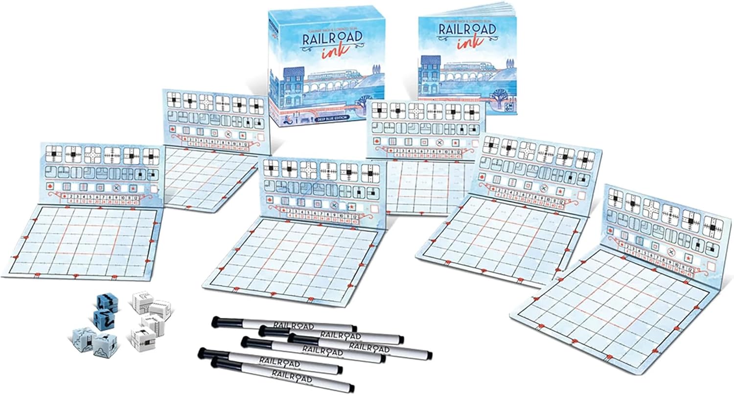 Horrible Guild Railroad Ink: Deep Blue Edition - Roll Dice and Draw Railways and Routes, 7 Rounds to Expand Your Rail Map - Expansion Dice Included Ages 8 & Up (Packaging may vary)