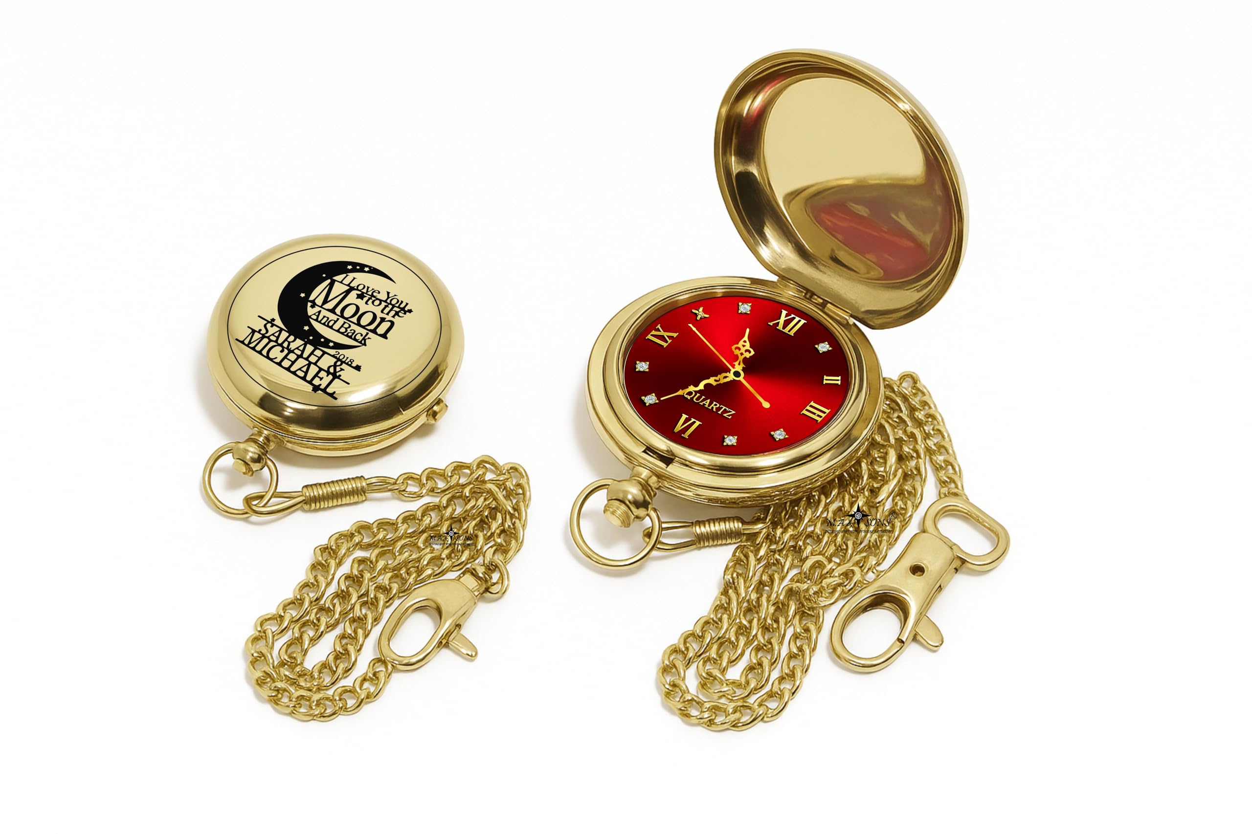 M.A & SONS Custom Pocket Watch for Men – Brass Gold Tone, 2" Quartz, Roman Numerals, Push-Button | Brown Leather Case | Top & Back Engraving | Select Red or Green Dial | Handmade Keepsake