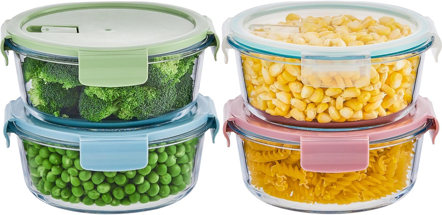 8 Pcs Round Glass Containers with Lids Airtight 4 Cup Glass Storage Containers Set Meal Prep Containers for Soup Leftover Microwave, Dishwasher, and Freezer Safe(4 Sets White