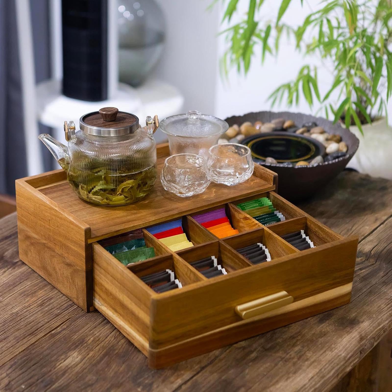 Organiseur de Sachets de Thé en Bois, Boîte de Rangement pour Sachets de Thé, Tiroir Boîte de Rangement, Boite de Rangement Cuisine, Support de Sachets de Thé, pour Sachets de Thé, Café, Infusion