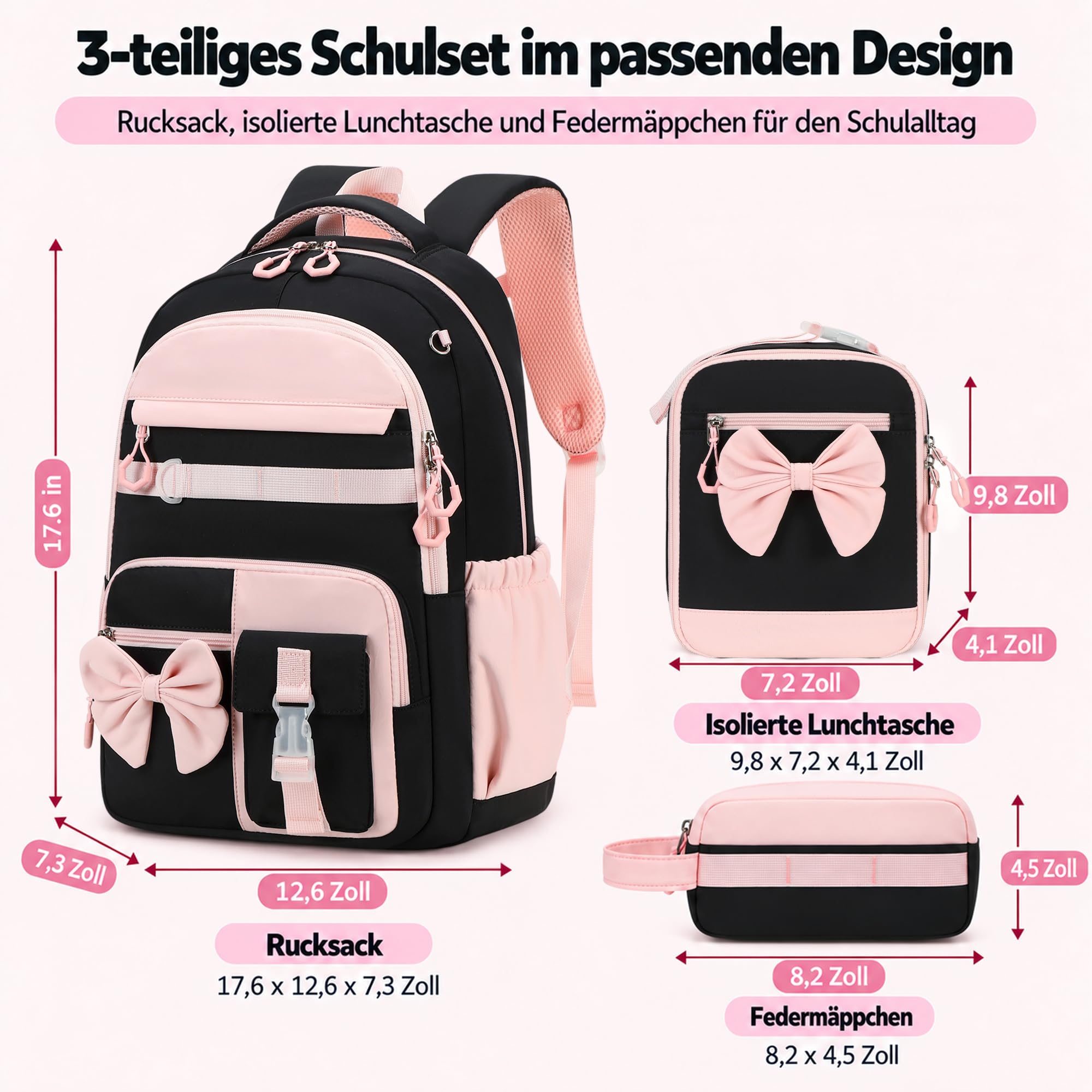 Schulrucksack Mädchen Teenager Damen Schultasche Rucksack Set Schulranzen für Mädchen Schule 3-teilig Lässig Rucksack mit Lunchpaket Tasche und Mäppchen (Schwarz Rosa)