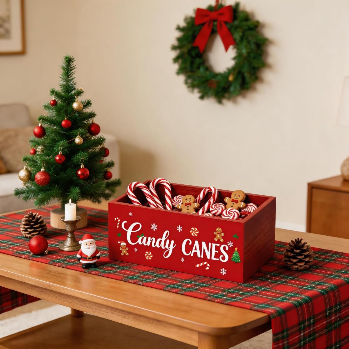 Christmas Candy Bowl Dish Merry Christmas Party Supplies Candy Canes Basket Wood Candys Holder for Porch Red Candys Serving Bowl for Corn Xmas Holiday Indoor Table Decor image 3