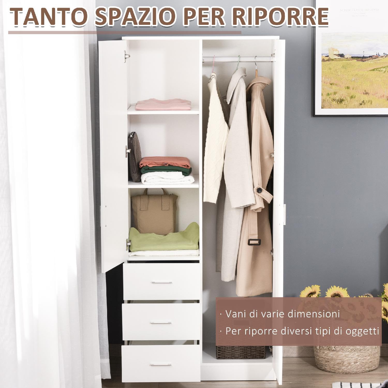 Armadio camera letto Guardaroba 2 Ante Battenti con Asta Appendiabiti 3 Cassetti e Specchio 80x50xH180 cm in Legno Truciolare colore Bianco