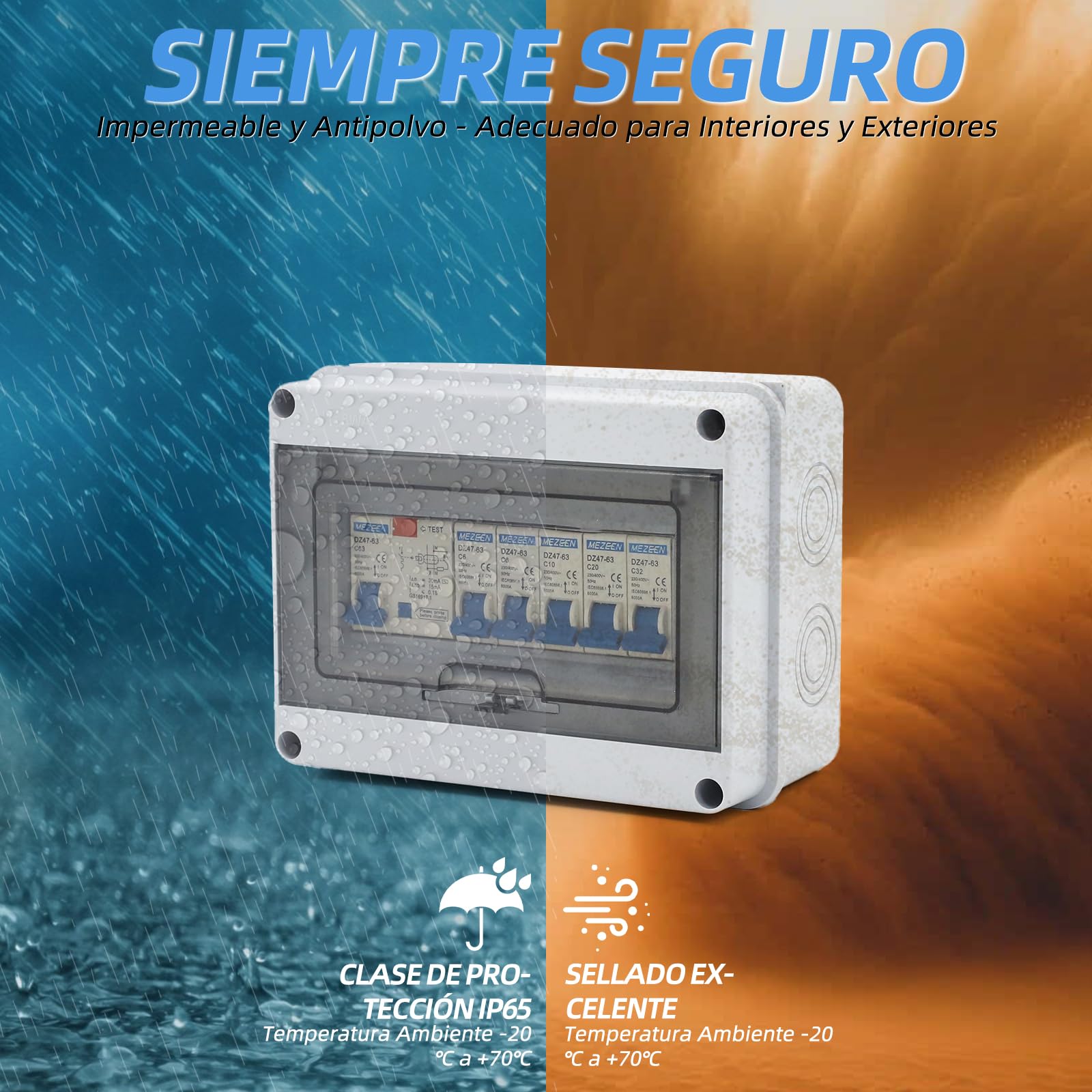 Caja de fusibles de superficie IP65 de 5 vías, 63 A, 30 mA, RCD 5MCB (2 × 1P6 A + 1P10 A + 1P20 A + 1P32 A) para autocaravanas, garajes y talleres (5 vías)