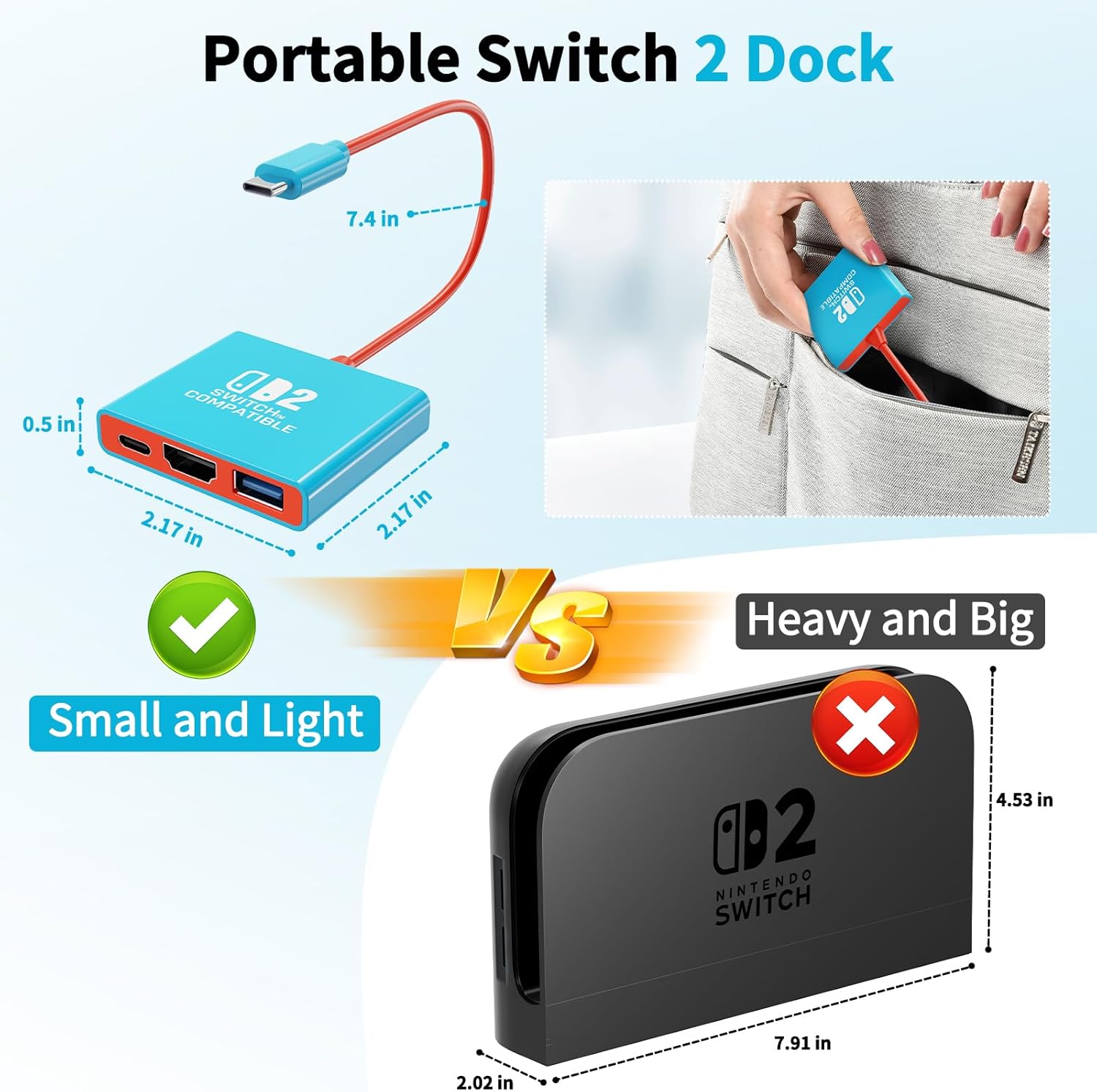 Switch 2 Dock, Replacement for Official Nintendo Switch 2 Dock Support 4K/60HZ Switch 2 TV Mode Compatible NS2, Travel Portable Switch 2 Docking Station with HDMI2.0 Output/PD 100W/USB3.0 Port - Image 4