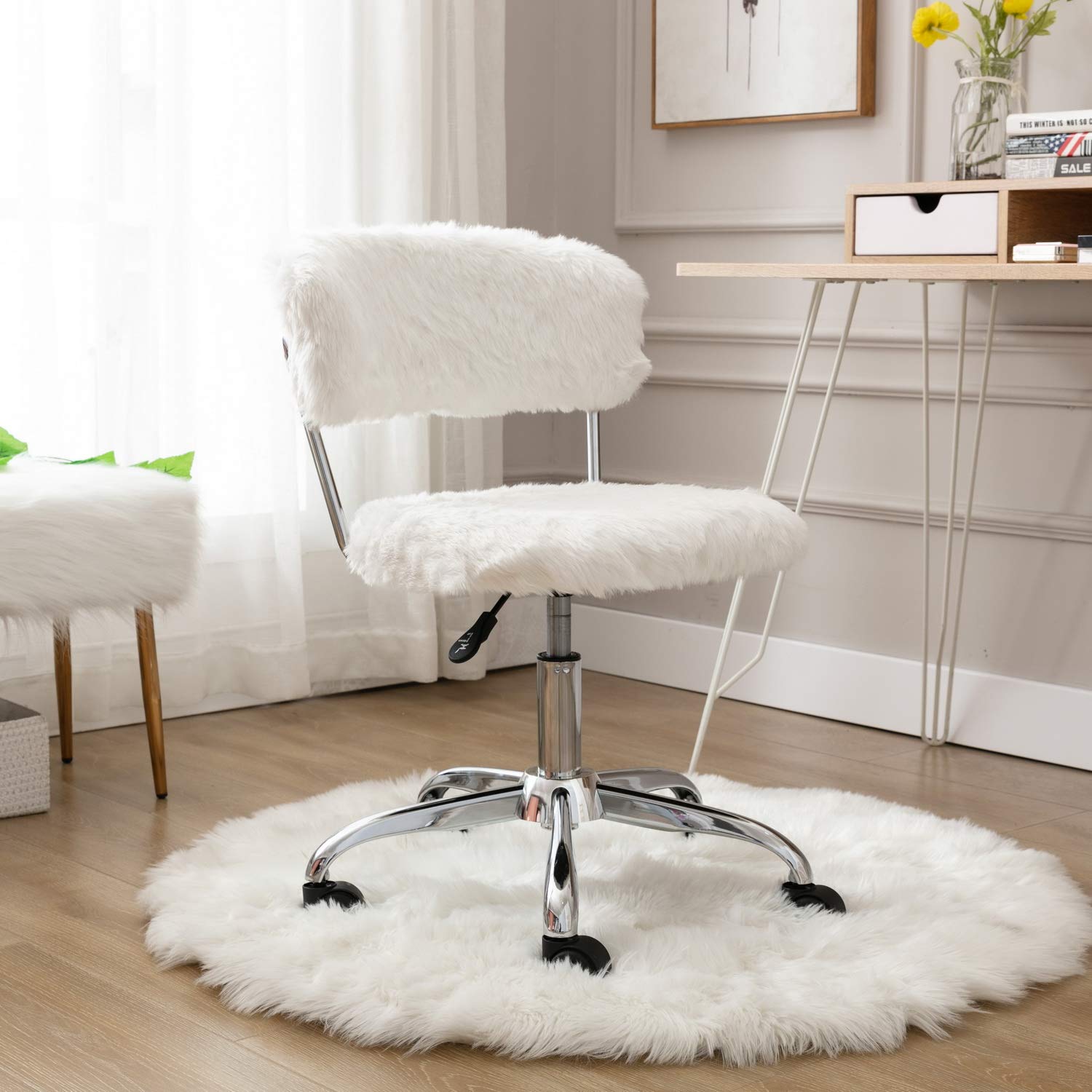 Buy White Home Office Chair Cute Fluffy Vanity Chair with Back Task
