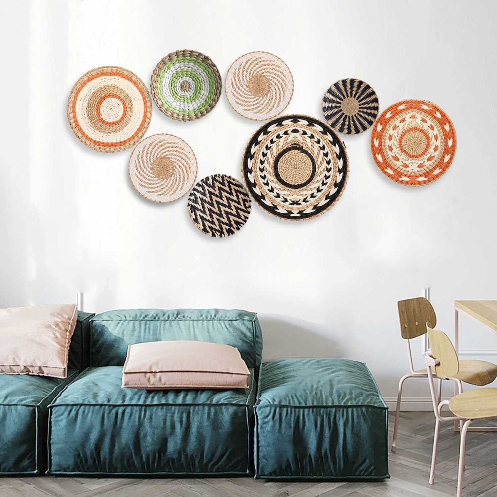 GCCSSBXF Baskets Decor - Set Of 8 Seagrass Hanging Woven Wall Basket Art Plates - African Decorative Round Wall Hanging Bowl - Shop Now