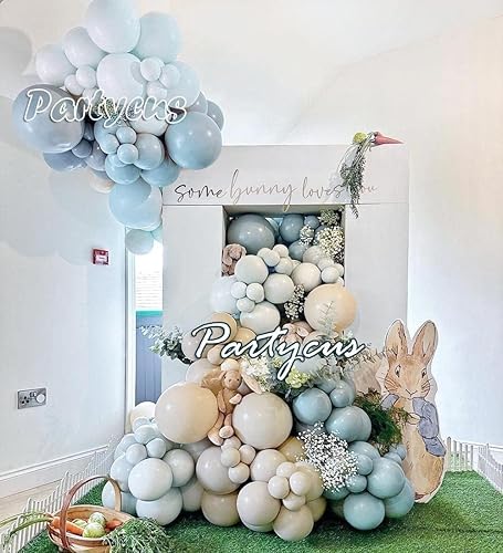 Miniatura 6 de Guirnalda de globos de arena blanca y azul polvoriento, doble relleno, color azul claro, crema, beige, mate, kit de arco de globos con látex dorado