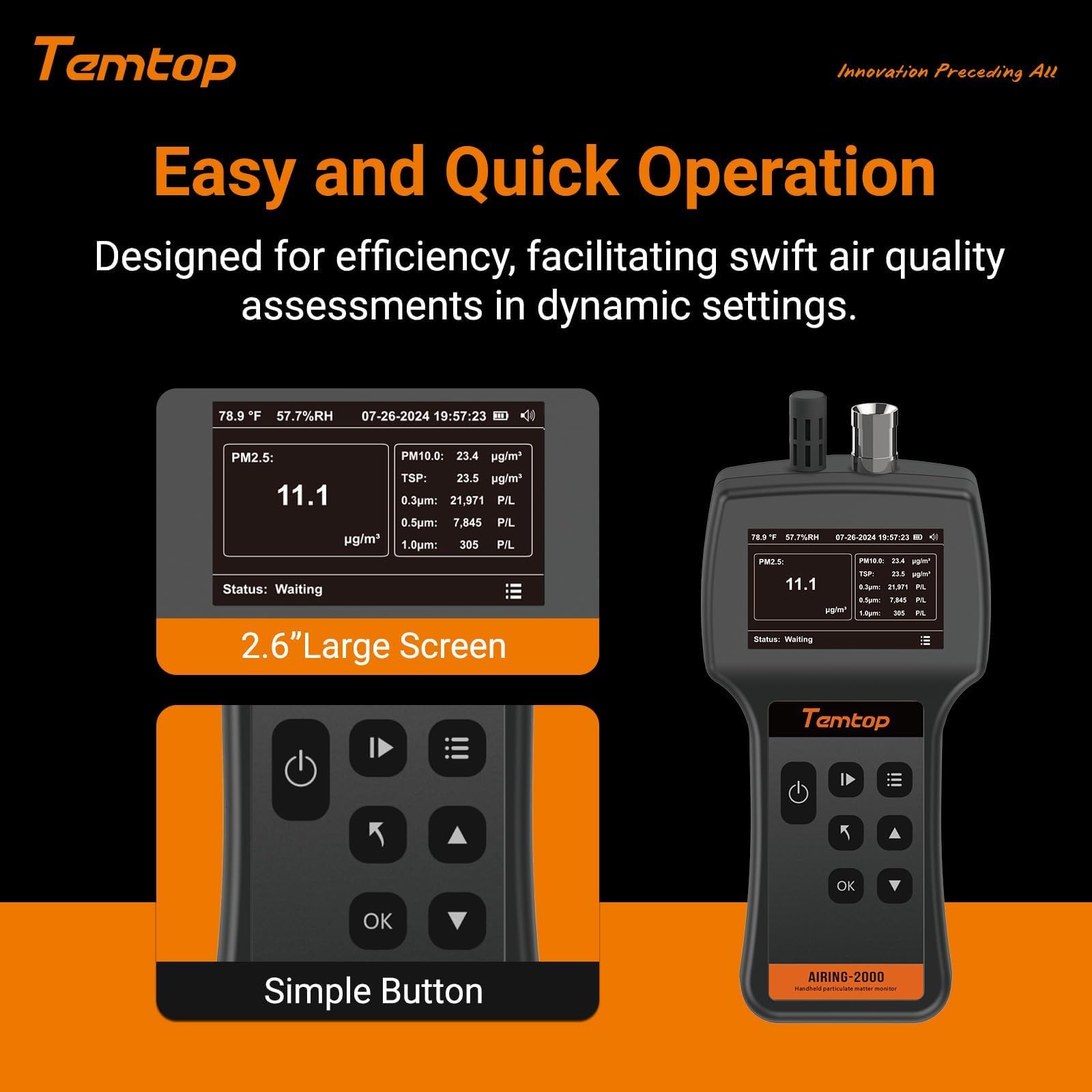 Temtop Compteur de Particules PM2,5 PM10 TSP Portatif, Moniteur Triple Canal Détection en Temps Réel 0,3μm 0,5μm 5μm, Appareil de Mesure Température et Humidité Airing-2000