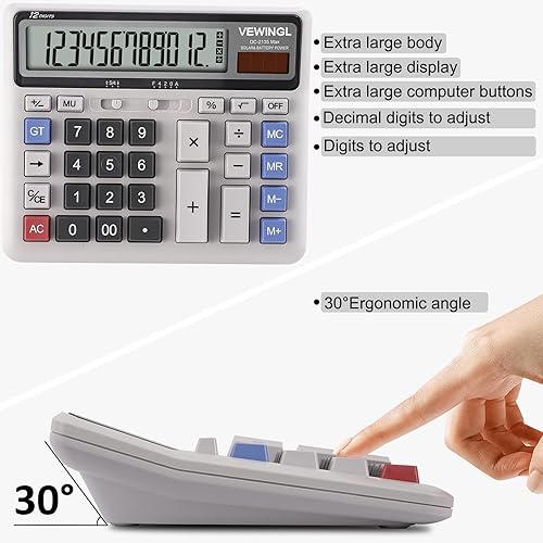 Miniatura 4 de Calculadora de escritorio de 12 dígitos, teclas de computadora grandes, batería de escritorio de doble potencia y solar, calculadora con pantalla