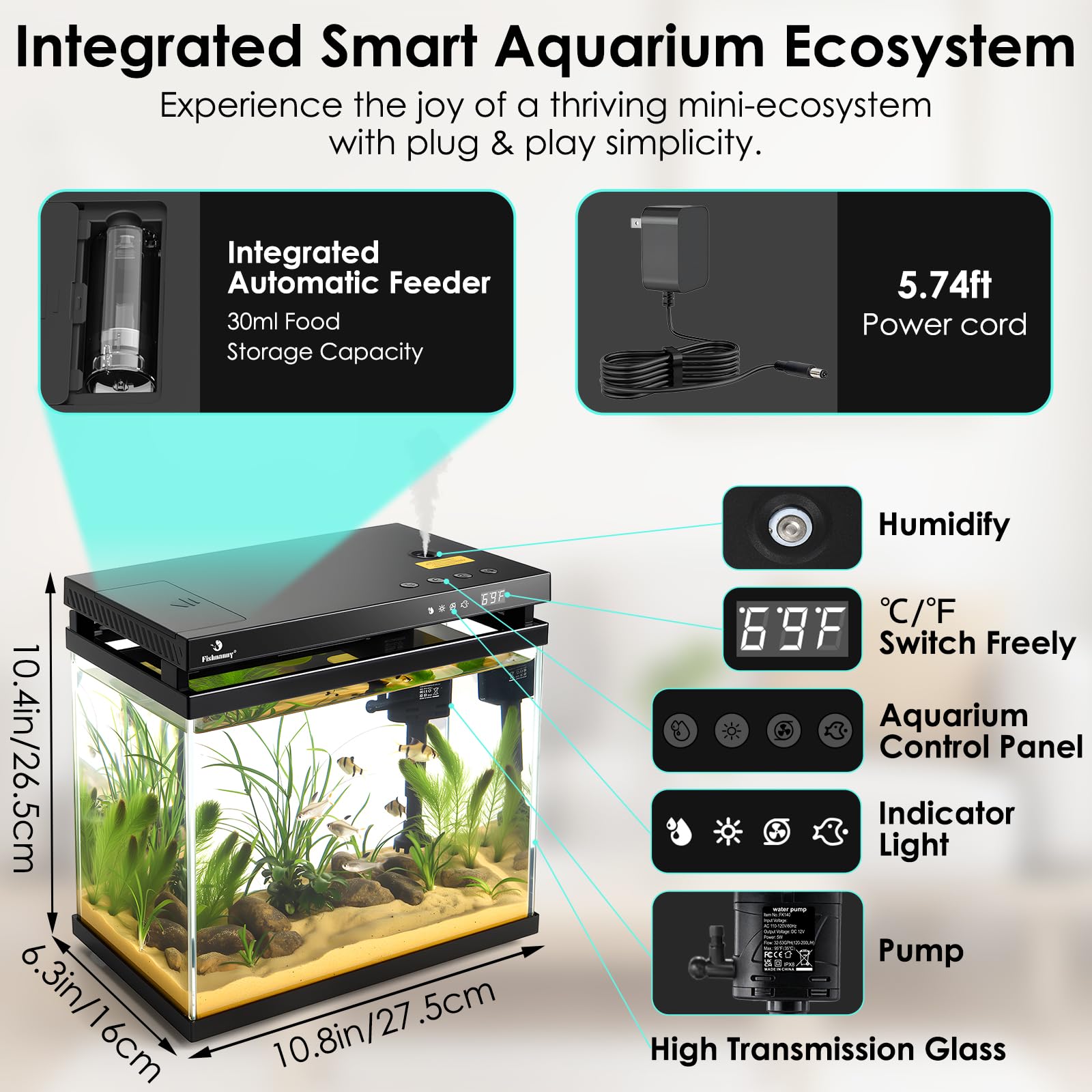 Mini acuario inteligente de 9 L, kit de pecera de vidrio HD con alimentador automático, bomba de filtro silenciosa autolimpiable, aromaterapia, visualización de temperatura y luces de 7