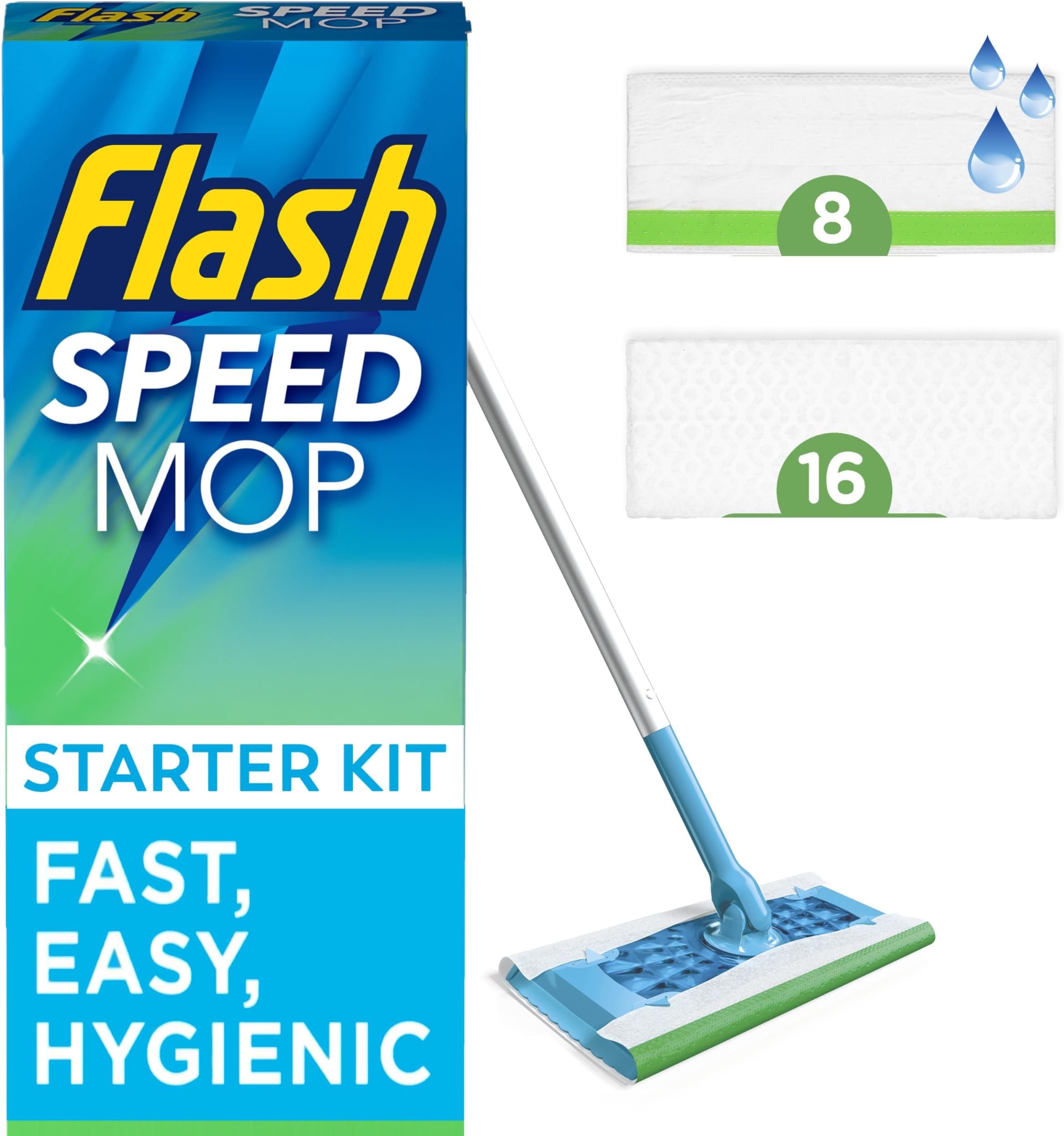 Speedmop Floor Cleaner Starter Kit, Fast Easy and Hygienic (1 Handle, 8 Wet plus 16 Dry Refills), Trap and Lock Daily Dirt, Grease and Grime Without Getting Down On Your Knees