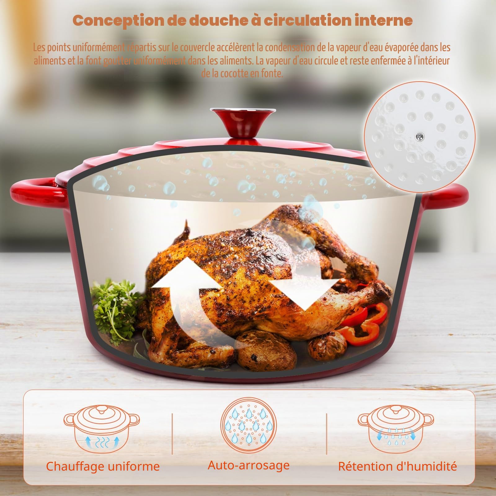 Casserole en fonte émaillée de 28 cm avec couvercle, four hollandais pour tous types de cuisines et induction, accessoires ronds pour pain