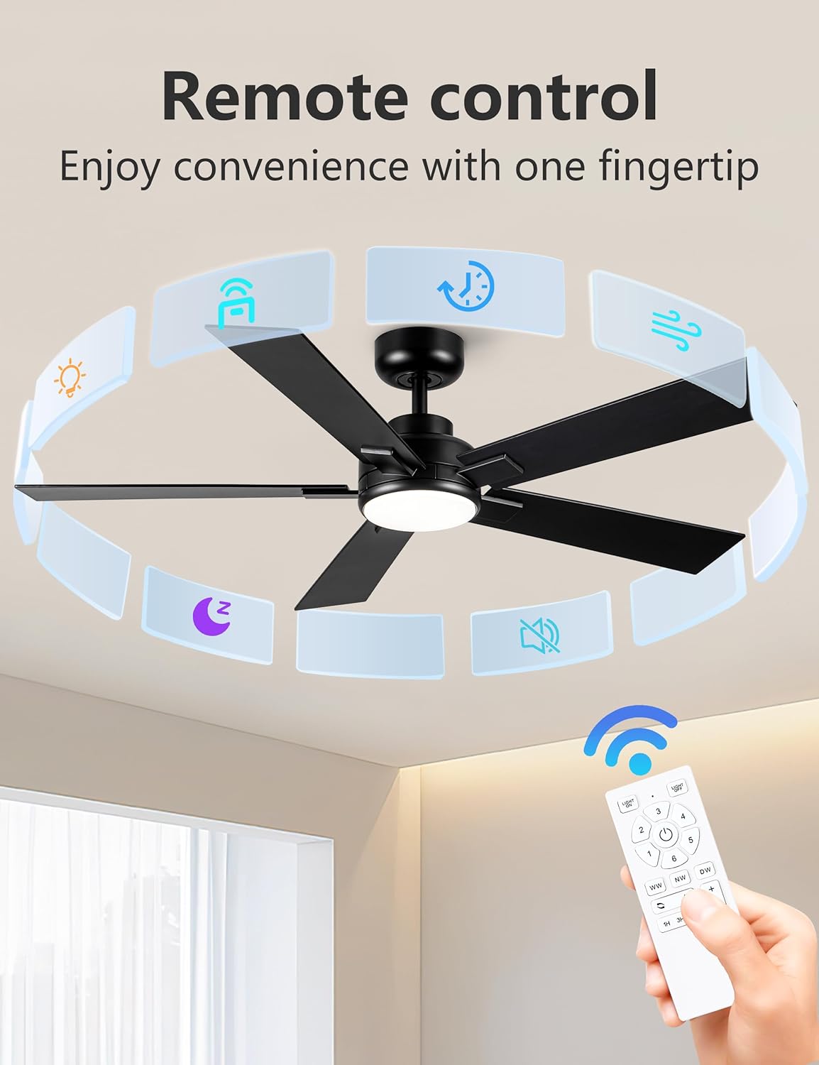 Modern Ceiling Fans with Lights - 52 inch Black Outdoor Ceiling Fan with Light and Remote, Reversible DC Motor, 6-Speed Quiet 3CCT LED Dimmable for Bedroom, Indoor and Outdoor, Patios , ETL Listed - Image 7