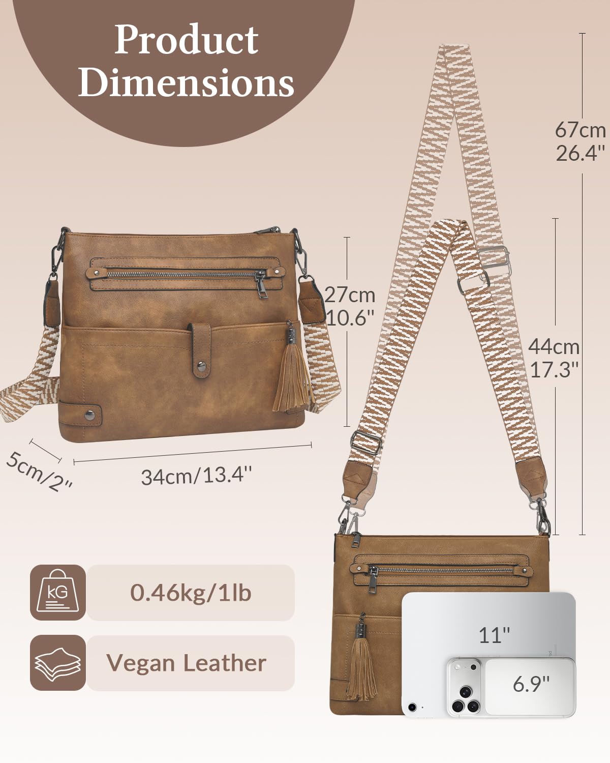 Bolsos Bandolera Mediano para Mujer, Bolso Cruzado de Diseño en Piel Vegana con Borla y Correa Ancha de Estilo Boho, Bolso de Hombro de Moda con Múltiples Bolsillos