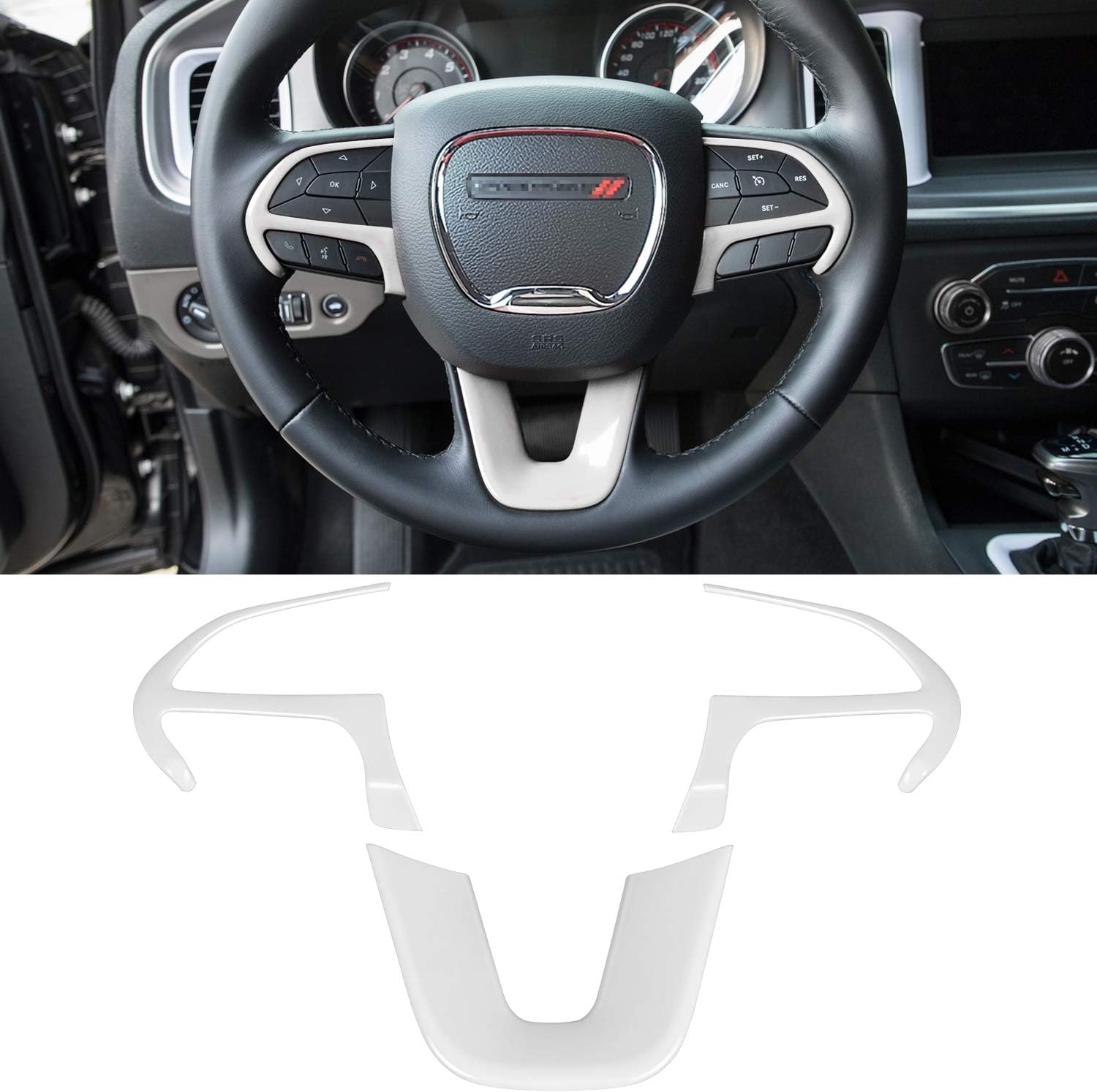Steering Wheel Cover Trim Interior Accessories Decoration Kit for 2015-2024 Dodge Challenger Charger, for 2014-2024 Dodge Durango & Jeep Grand Cherokee SRT8 (White 3PCS)