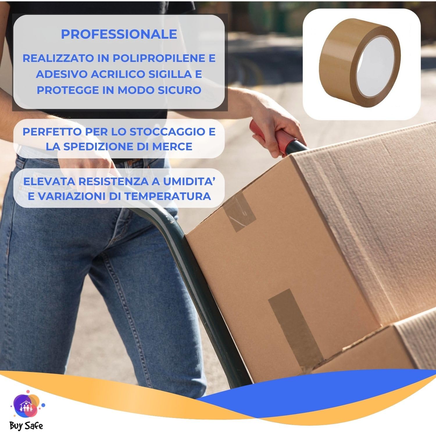 Buy Safe - Nastro Adesivo Pacchi Marrone per Imballaggio, Aderenza Immediata e Duratura, Nastro Imballaggio Resistente e Silenzioso per Spedizioni e Trasloco, Confezione da 6 Rotoli, 50mm x 66m