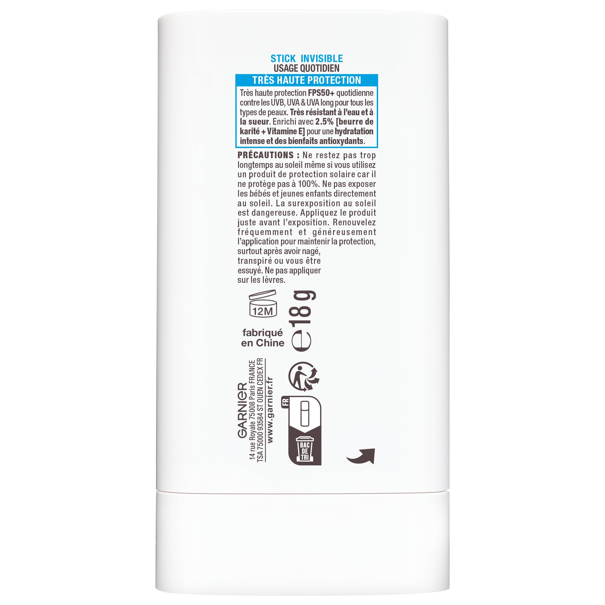 GARNIER - Ambre Solaire - Super UV Stick SPF 50+ Visage et Zones Sensibles - Protection Solaire Invisible - Hydrate et Protège la Peau des UV - Fini Non Gras - Tous Types de Peaux - 18GR