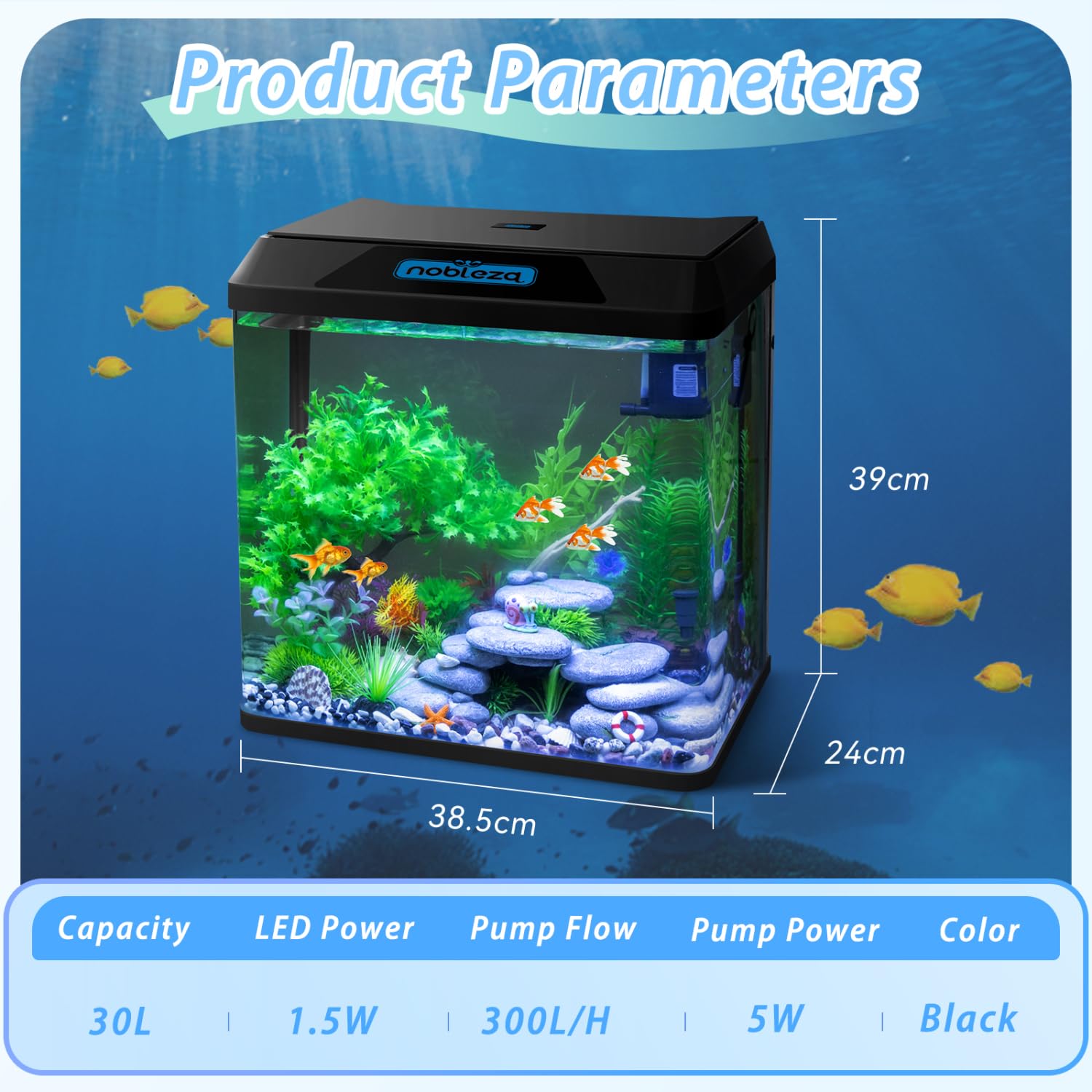 Nobleza - Acuario 30L con Filtro Integrado y Luz LED, Pecera de Cristal Completa para Peces, Acuario de Iniciación para Hogar y Oficina - Negro