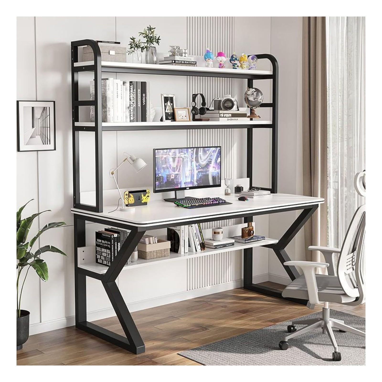 WDSOPK Computer desk Home Office Desk Computer Desk with Hutch and Bookshelf, PC Study Writing Desk,Bookshelf Workstation for Study Play Work Bedroom Home Office（White+black-31Inch）