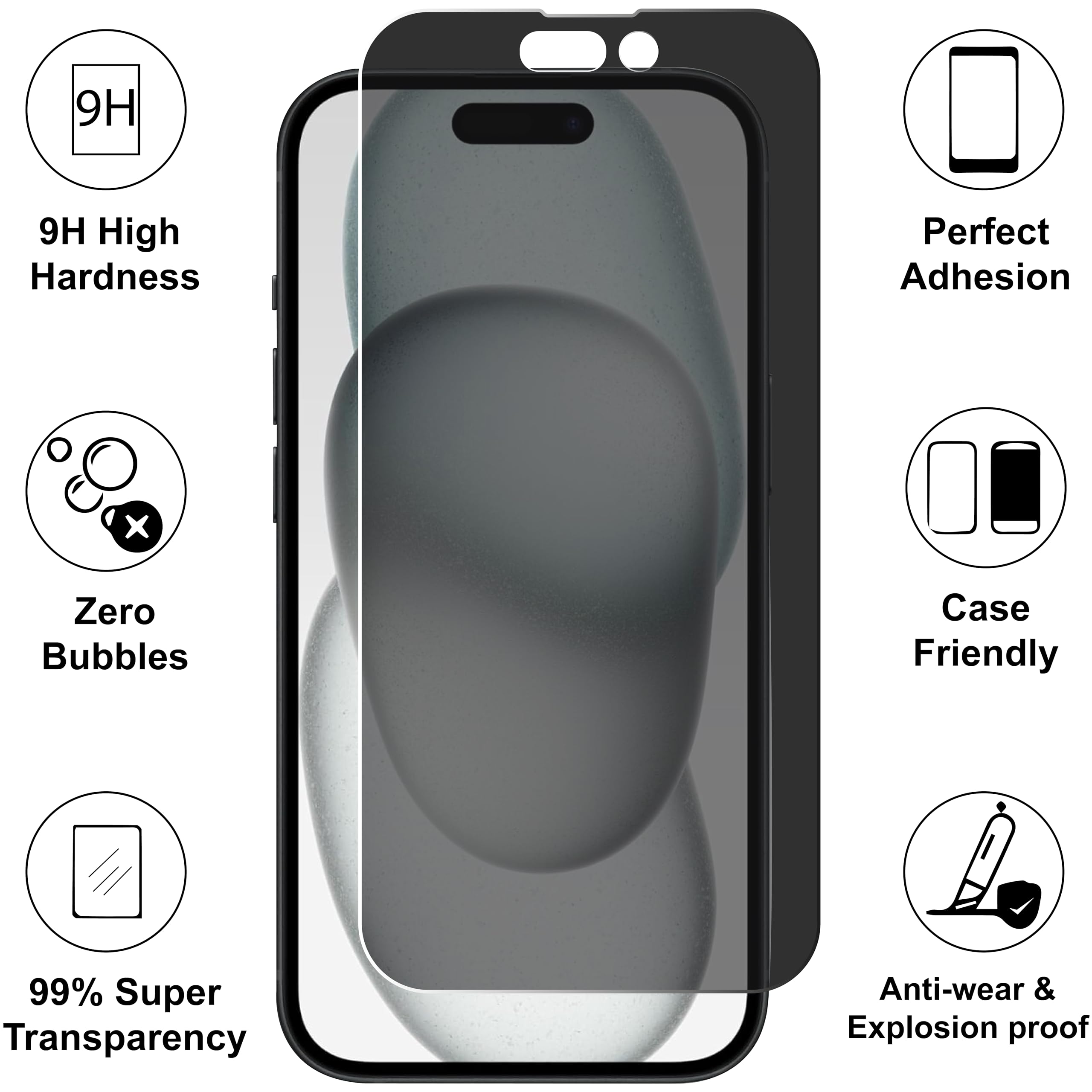 Mobitel 3-Pack Anti-Spy Privacy Screen Protector, 9H Tempered Glass, Anti-Scratch, Anti-Water, Case Friendly (iPhone 15) - Image 2