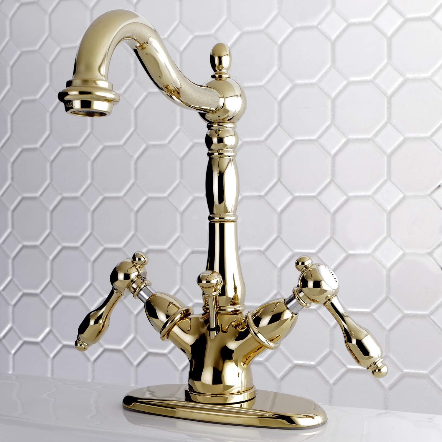 Flash Deals - 50% OFF Kingston Brass KS1432TAL Tudor Deck Mount Deck Lavatory Faucet with Brass Pop-Up, Polished Brass
