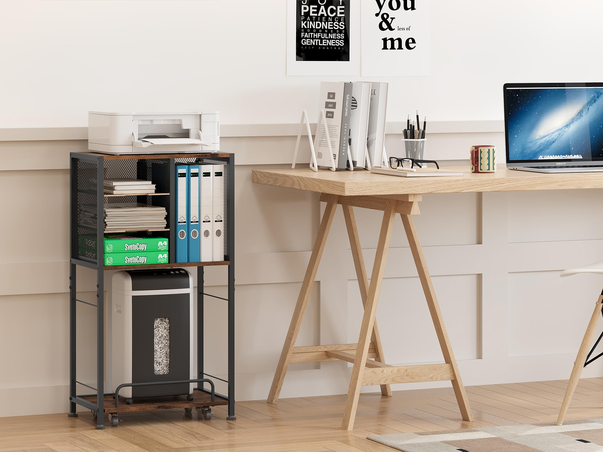 EasyPAG Support d'imprimante 4 compartiments A4 en métal et bois - Avec chariot coulissant mobile - Étagère d'imprimante pour fax, photocopieur, scanner, marron