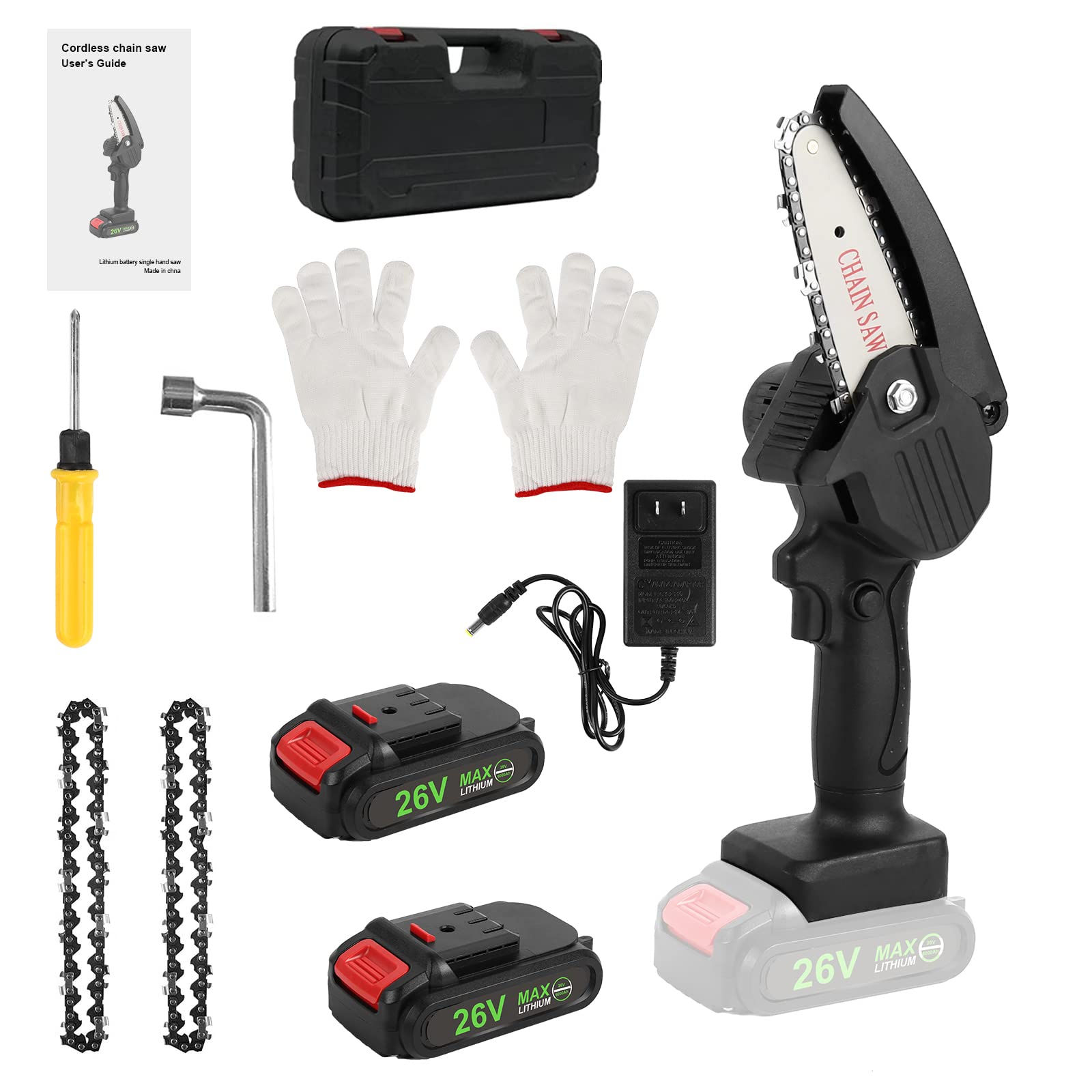 VAlinks Mini Chainsaw,4 Inch 26v Electric Chainsaw with 2 Battery and