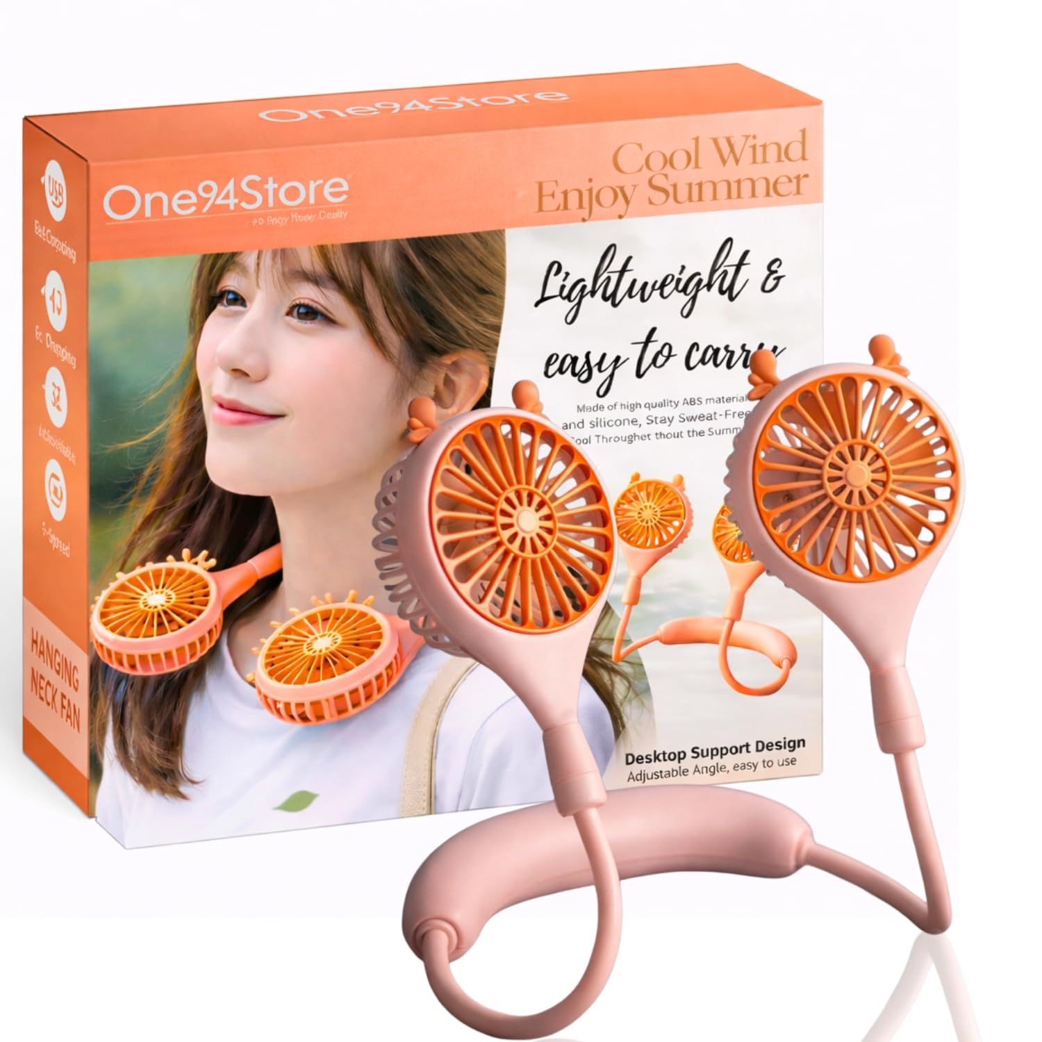 One94Store Rechargeable Neck Fan (Pink) | 1200mAh Battery, USB Powered Hands-Free Hanging Fan | Single Speed Dual Fan | Portable Personal Cooling Fan for Travel, Office & Outdoor Use-picture-21